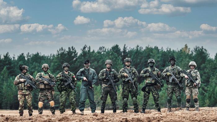 NATO paplašinātās klātbūtnes kaujas grupu Latvijā veido karavīri no : Kanādas, Spānijas, Itālijas, Polijas, Čehijas, Slovēnijas, Slovākijas, Albānijas un Melnkalnes