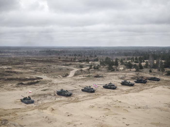 Britu "Challenger 2", vācu "Leopard 2" un poļu "PT-91" tanki mācībās "Iron Spear" Ādažos 2019. gadā