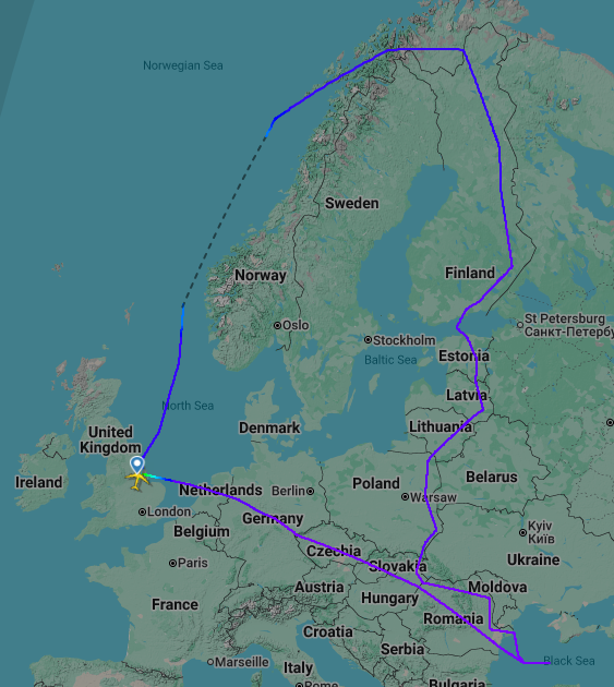 Britu izlūklidmašīnas RC-135 maršruts Baltijas jūras reģionā