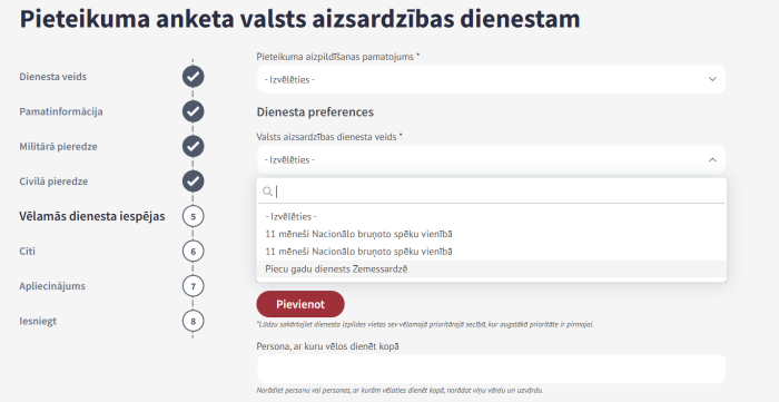 Klustikaravirs.lv iespēja izvēlēties dienesta veidu sadaļā "Valsts aizsardzības dienests".