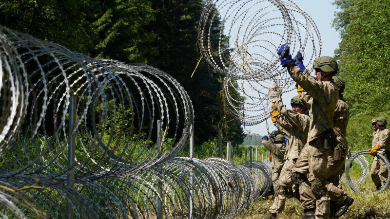 Lietuvas karavīri veido žogu uz robežas ar Baltkrieviju