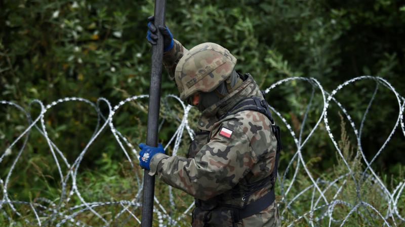 Polijas karavīrs būvē dzeloņstiepļu žogu uz robežas ar Baltkrieviju
