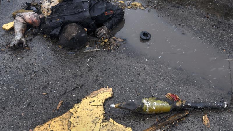Ukrainas karavīru likvidētais krievu okupants atbrīvotajā Bučas pilsētā