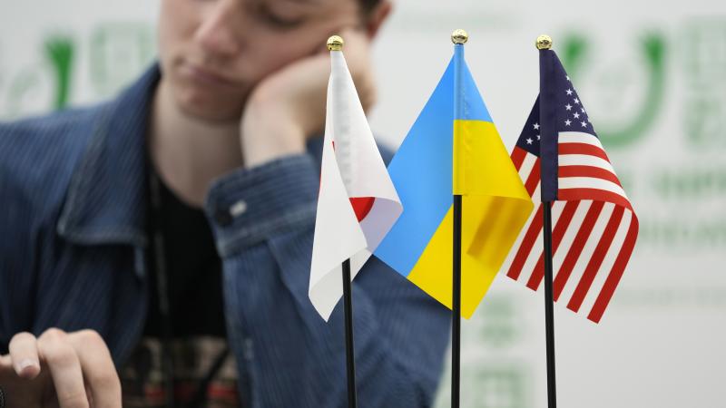 Japānas, Ukrainas un ASV karogi Foto: AP/Scanpix