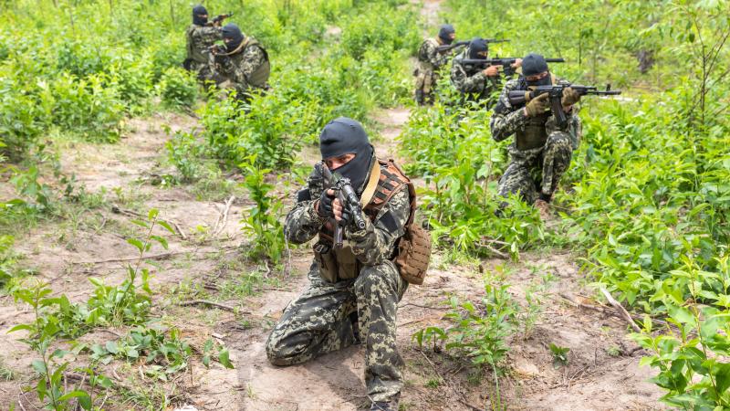 Ukrainas teritoriālo aizsardzības vienību brīvrātīgie netālu no Bučas pilsētas