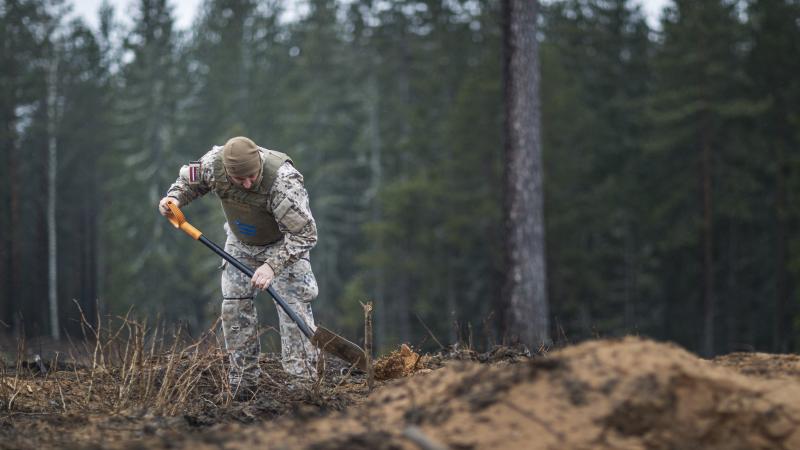 Latvijas karavīrs rok bedri mežā mācību mīnas ievietošanai
