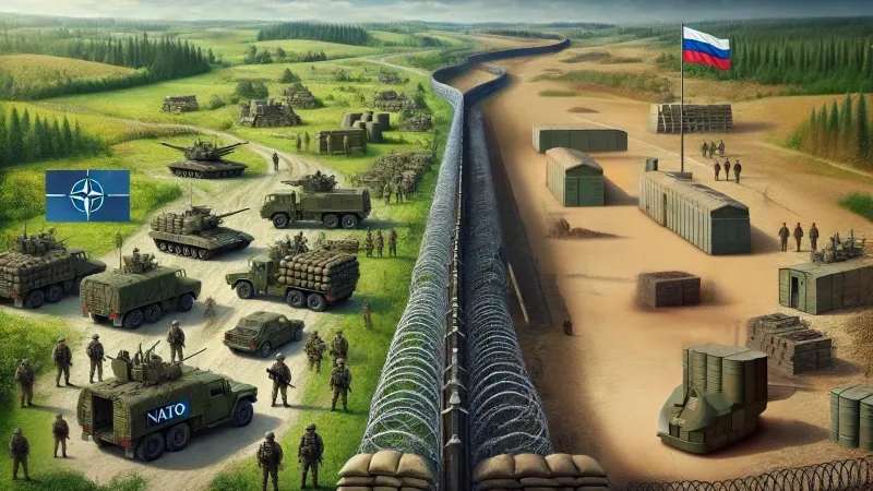  Mākslīgā intelekta veidots attēls, kurā redzama NATO un Krievijas robeža