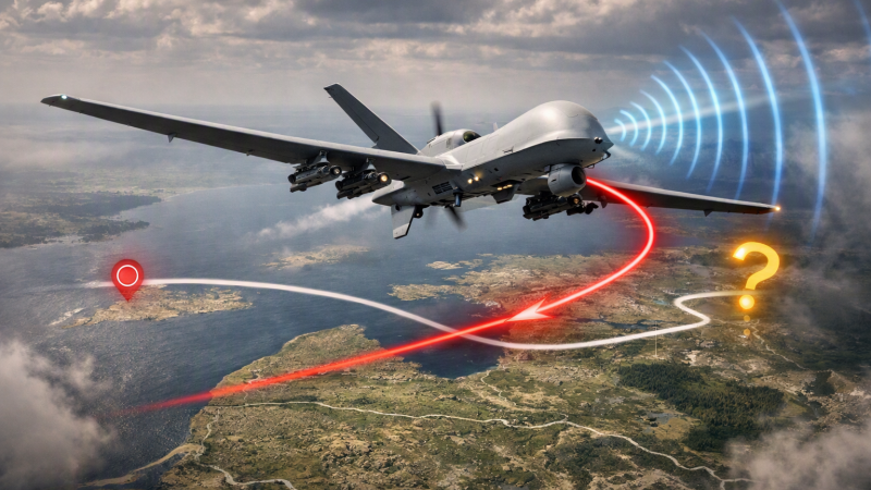 Mākslīgā intelekta veidots vizuālis ar dronu, kas tiek novirzīts no kursa.