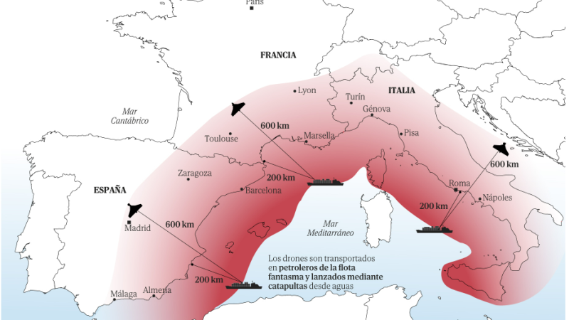 Gerberu iespējamais lidojuma diapazons no Vidussjūras uz Eiropas valstīm