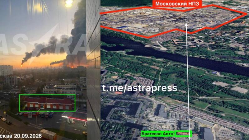 Maskavas naftas pārstrādes rūpnīca pēc 2026. gada 20. septembra dronu uzbrukuma